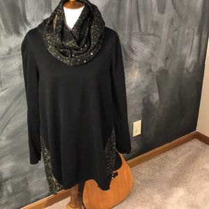 black sweater with attached infinity scarf